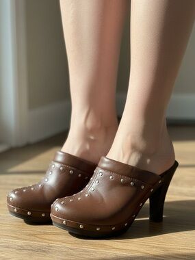 FIONI  Brown Studded Mules